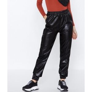 Nasty Gal Collection Black Vinyl Analysis Pants Joggers Elastic Waist Size 6 NWT